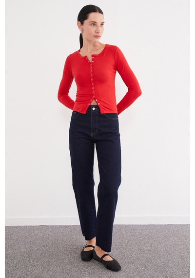 Fullamoda Önü Çıtçıtlı Ribanalı Slim Fit Bluz Kırmızı
