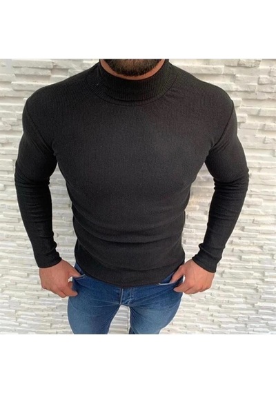 Barlashive Erkek Kaşkorse Boğazlı Full Likralı Fitilli Body Kazak - Siyah Çok Renkli