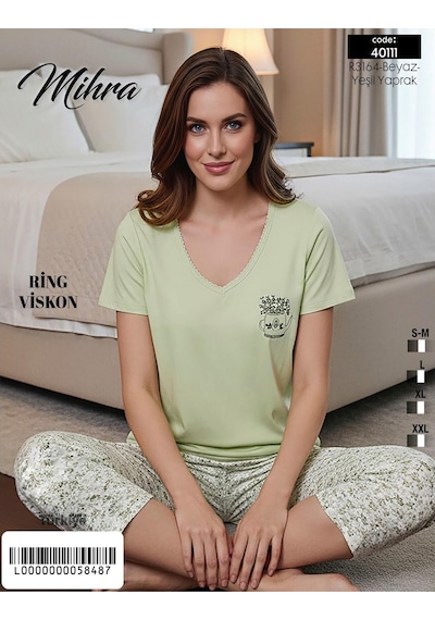 Mihra Kadın Viskon V Yaka Kısa Kol Kapri Likralı Pijama Takımı 40111y - 1 Adet Yeşil