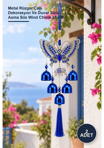 2 Adet Metal Nazar Boncuğu Rüzgar Çanı Metal Rüzgar Çanı Dekorasyon Ve Duvar Süsü, Asma Süs Wind Chime 35 Cm
