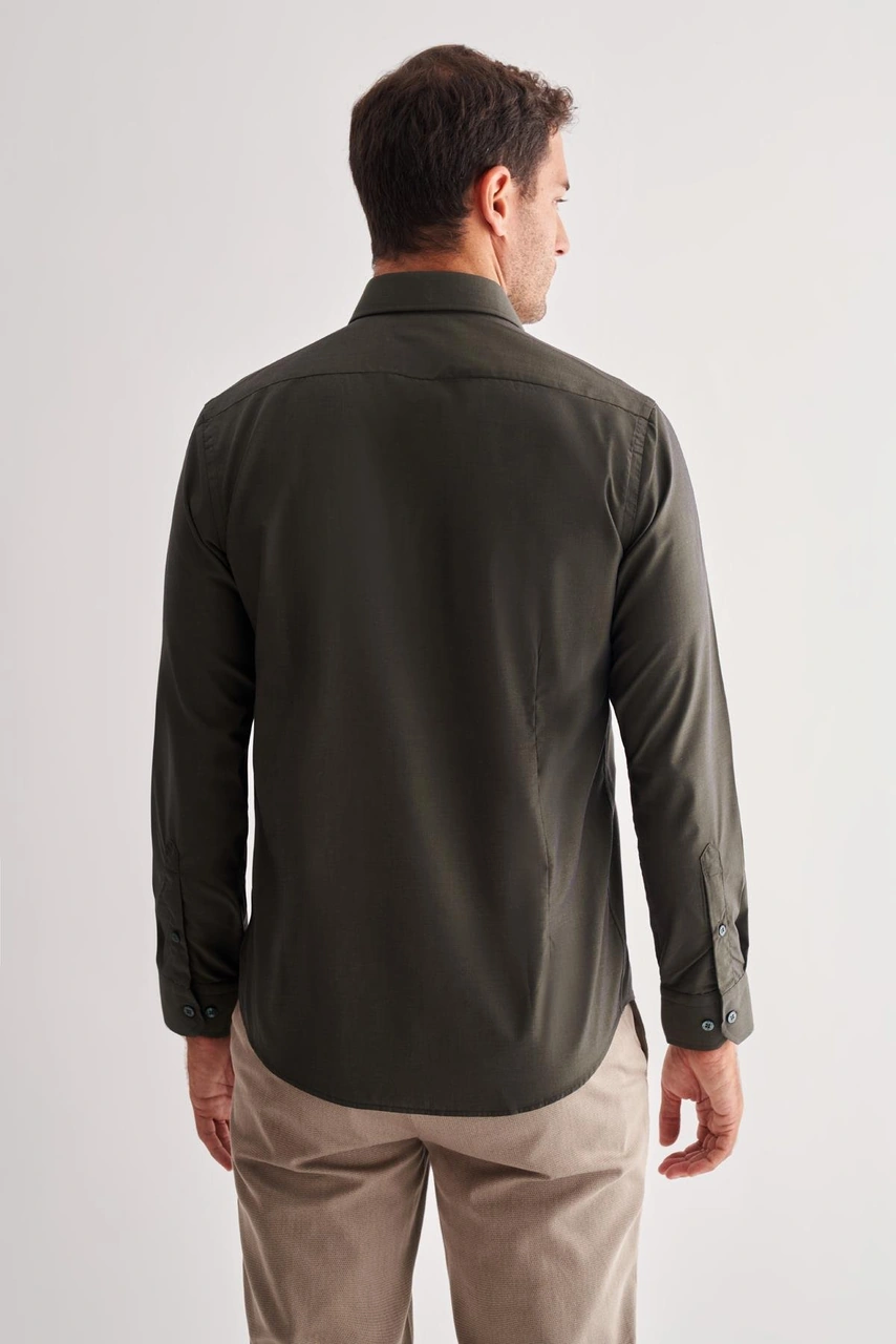 İmza Haki Sert Yaka Filafil Desen Uzun Kol Slim Fit Pamuklu Gömlek 1004255181 Haki