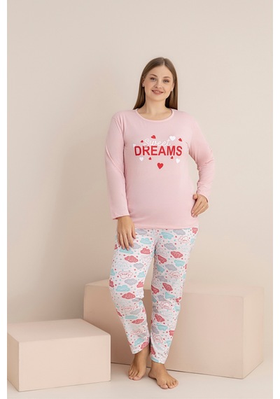 Rindahomewear Büyük Beden Sweat Dreams Süprem Uzun Kol Pijama Takımı Pembe