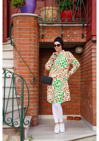 Polologin Butik Safari Desenli Hakim Yaka Uzun Tunik Yeşil Kahverengi
