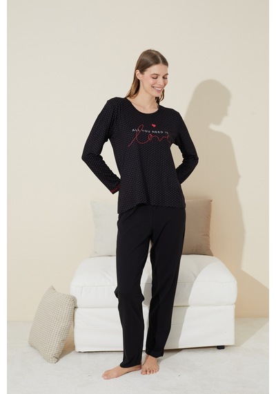 Siyah İnci Pamuklu Örme Pijama Takım 24240116 Siyah