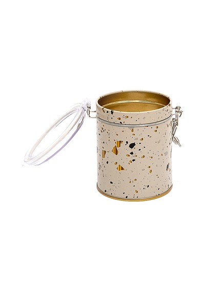 Terrazzo Cream Desenli Kilitli Kapaklı Yuvarlak Metal Kutu, 9 X 11 Cm, 0.6 Lt