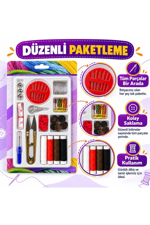 Çok Parçalı Dikiş Seti 4 Renk İplik İğne Makas Mezura Düğme Çengelli İğne Tamir Seti