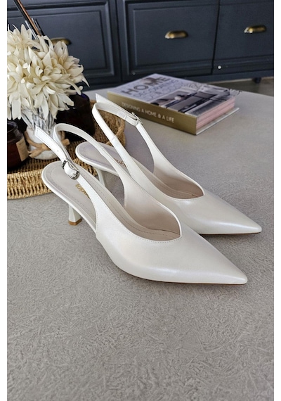 10 44 Topukla Kadın Arkası Açık Kadeh Topuklu Stiletto Abiye Ayakkabı Sedef