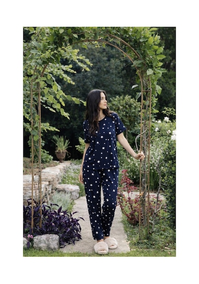Rindahomewear Kadın Milan Lacivert Yıldız Desenli Kısakol Pijama Takımı Lacivert