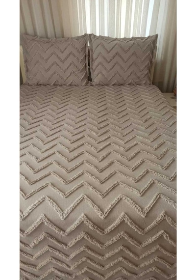 Zigzag Desenli Peluş Çift Kişilik Pike Takımı 4 Mevsim Kullanım, Şık Ve Modern Yatak Örtüsü Seti Vizon