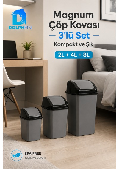 Magnum 3 Lü Sallanır Kapaklı Çöp Kovası Seti 2 L 4 L 8 L Banyo Mutfak Antrasit Siyah