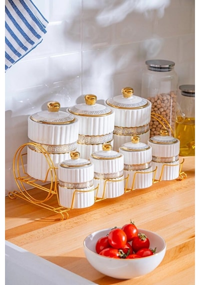 Acar Eva Gold Metal Standlı Baharatlık 7'li Çok Renkli