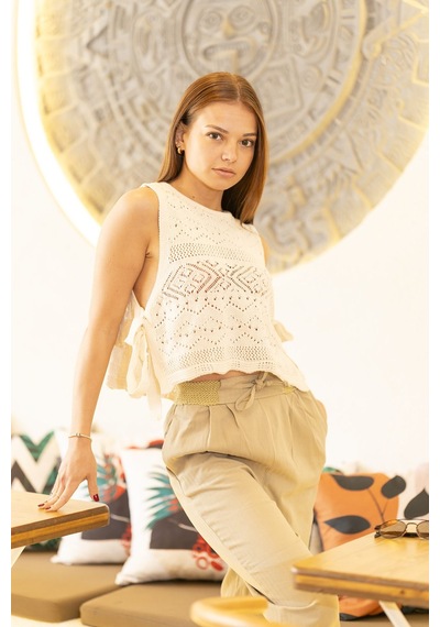 Yandan Bağlamalı Örme Crop Bej