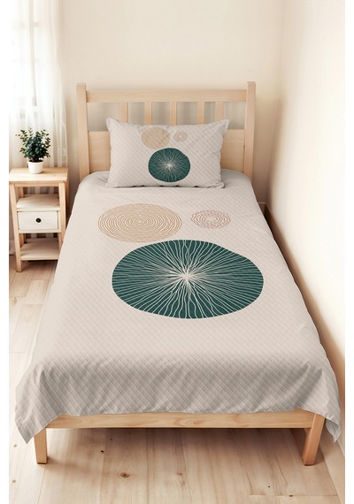 Geometrik Krem Genç Odası Tek Kişilik Pike Takımı - Petrol Hardal 160x220 Cm Kapitone Yatak Örtüsü Keten Saman Zemini
