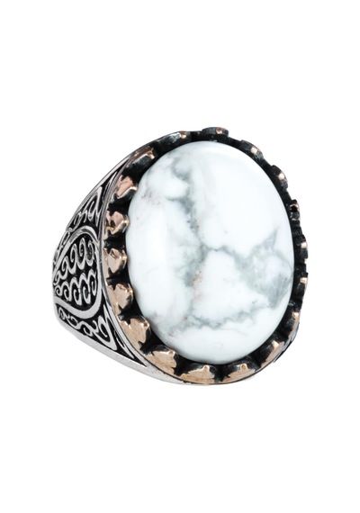 925 Ayar Katı Gümüş Erkek Yüzük, Doğal Taşlarla - El Yapımı Zarafet Howlite Taşı Gümüş