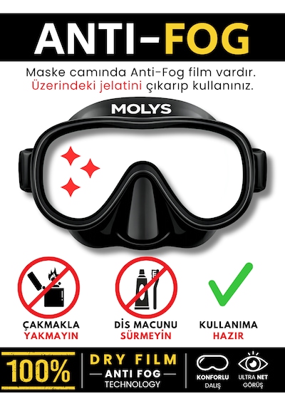 Molys Solo Pro Dalış Maskesi + Maske Kutusu + Antı Fog Buğu Önleyici Film Siyah