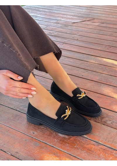Erva'nın Butiği Siyah Süet Teseri Gold Sarmal Toka Detay Kadın Loafer-6045