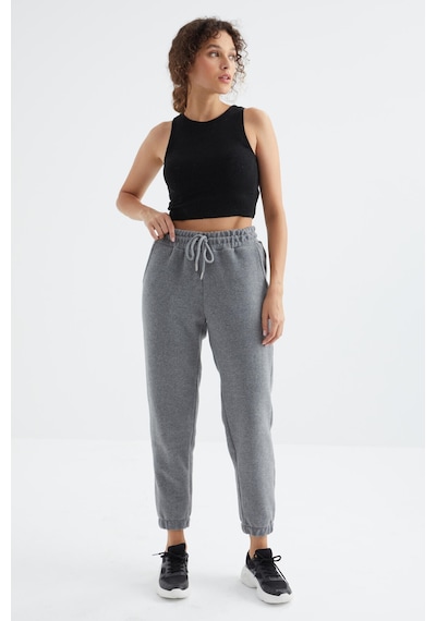 Gri Melanj Yüksek Bel Basic Bağcıklı Jogger Polar Kadın Eşofman Alt - 94622 GRİ MELANJ