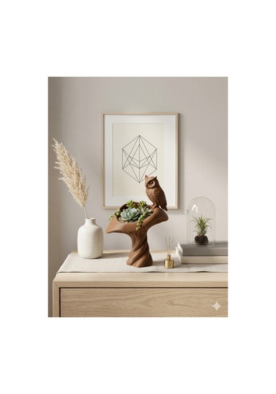 3d Baskı Baykuşlu Mantar Formlu Sukulent Ve Çiçek Saksısı - Modern Dekoratif Obje 26x17cm