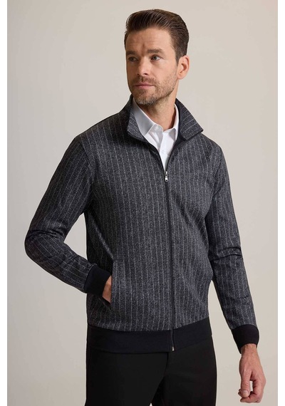 Ysf Erkek Gri Çizgili Fermuarlı Çizgi Desenli Sweatshirt