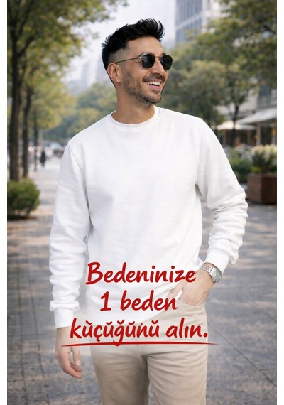 Luxıc Core Erkek Beyaz Basic Sweatshirt Geniş Kalıp Bisiklet Yaka, Rahat Kesim, Günlük Ve Sokak Stili