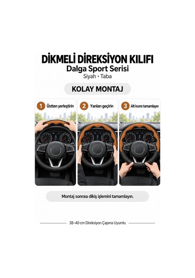Trobus Hyundai Santa Fe 2024-2025 Uyumlu Dikmeli Direksiyon Kılıfı Dalga Sport Deri Siyah Taba Taba - Siyah