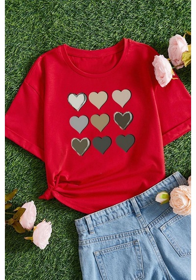 Uyguntarz Çocuk Kalp Baskılı Pamuklu Tshirt Kırmızı