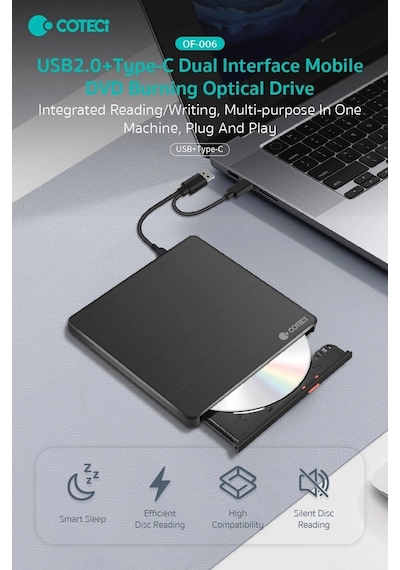 Coteci Çift Bağlantılı Usb 2.0 Type-c Harici Dvd Rw Yazıcı Teknoloji Bağlantı