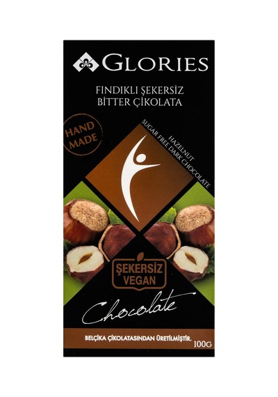 Glories Fındık Şekersiz Bitter Çikolata 100 G - 8 Adet Tarı