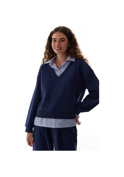 Penti Lacivert Gömlek Katmanlı Polo Yaka Sweatshirt