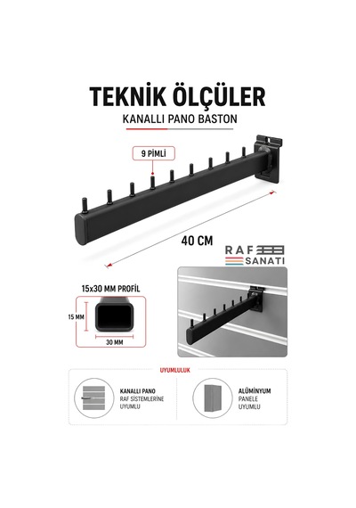 5 Adet - Kanallı Pano Baston Askılık 40 Cm Alüminyum Panel Uyumlu Mağaza Raf Askı Aparatı Siyah