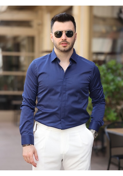 Süper Slim Fit Dar Kalıp Gizli Düğmeli Pamuk Saten Gömlek Lacivert