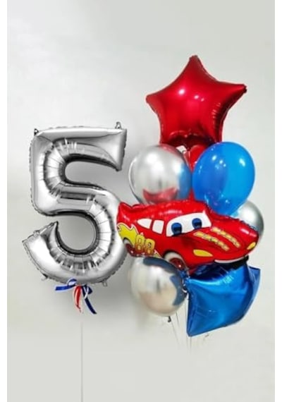 Yaş Folyolu Şimşek Araba Temalı Balon Seti 76cm Gümüş Rakam Balonlu Yıldızlı Set, 77896589664 Genel
