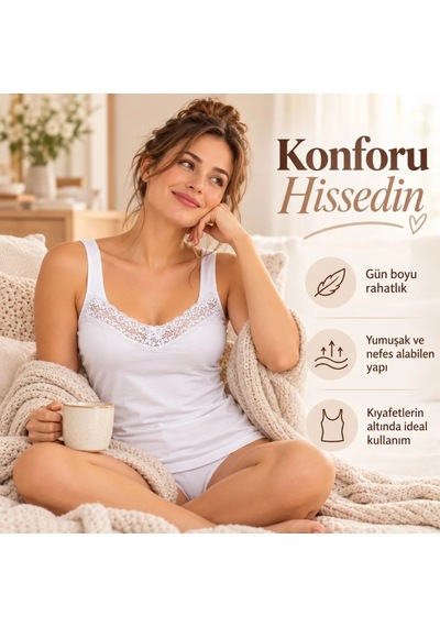 Womanandkids Night Beyaz Kadın Dantelli Kalın Askılı Atlet