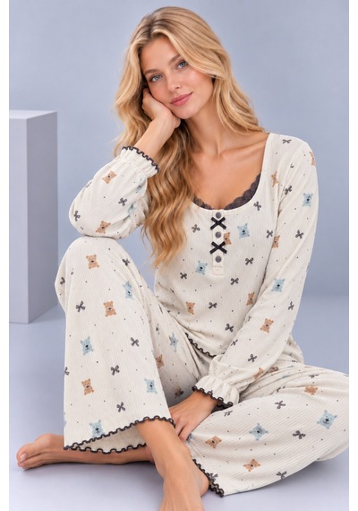 Pijamask Kadın Desenli Dantel Detaylı Fiyonk Ve Düğmeli Uzun Kollu Pijama Takımı Beyaz-22
