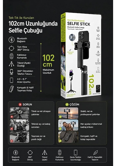 Bluetooth Kumandalı Gimbal Sabitleyici 102cm Selfie Çubuğu Ve Tripod Yatay Ve Dikey Eksenli Işık Takılabilir