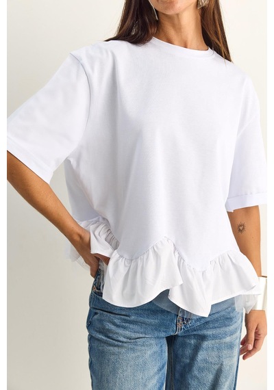 Shade Kadın Tül Detaylı Volanlı Oversize Basic T-shirt 8789 60286165 - Beyaz