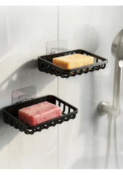 2'li Set Yapışkanlı Banyo Sabunluk, Katı Sabun Tutacağı, Lavabo Mutfak Katı Sabunluk Süngerlik Siyah