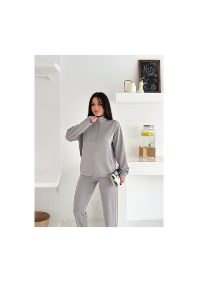Gugus Kadın Yarım Fermuarlı Model Beli Lastikli Dar Paça Eşofman Takımı Gri