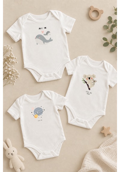 Luppinos Love You Mom 3lü %100 Pamuk Dijital Baskılı Bebek Body Set 1 Beyaz