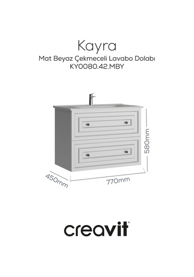 Creavit Kayra Lavabo Dolabı Çekmeceli 80cm Mat Beyaz Mat Beyaz