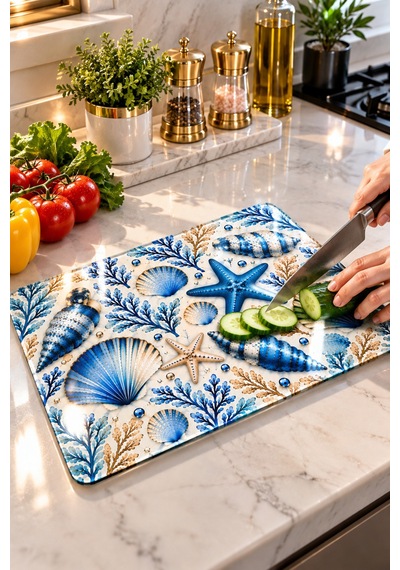 Gökçeoğlu Cam Kesme Tahtası Mavi Deniz Kabukları Temalı - Cam Kesme Tablası 20cm X 30cm Çok Renkli