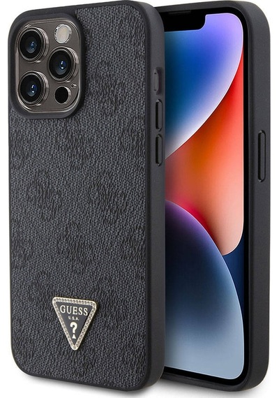 Apple Uyumlu iPhone 15 Pro Max Kılıf Guess Lisans Pu Deri Taşlı Üçgen Logo 4g Desen Strass Siyah