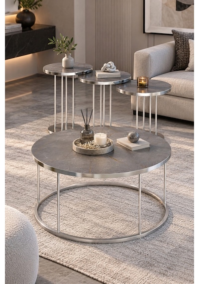 Sulorahome Gordion Griye Gümüş Metal Ayaklı 4'lü Sehpa Seti Açık Gri