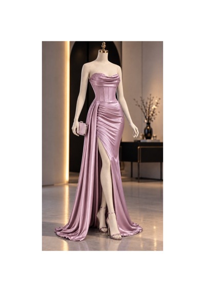 Butik İstanbul Kadın Yırtmaçlı Uzun Saten Elbise Açık Pembe