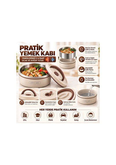 Paslanmaz Çelik Taşınabilir Lunch Box Vakumlu Yemek Kabı Seti, Çatal-kaşık Bölmeli Isı Yalıtımlı Taşıma Çantalı Sefertası Seti Bej