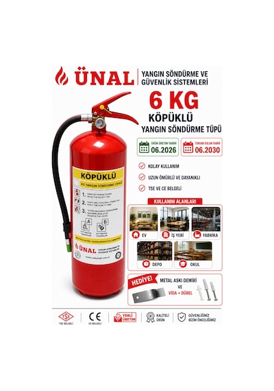 6 Kg Köpüklü Yangın Söndürme Tüpü 2026 Üretim 2030 Dolum Metal Askı Hediyeli Ev İş Yeri
