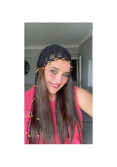 Kadın El Örgüsü Boncuklu Saç Filesi Bandana Bohem Saç Aksesuarı Siyah