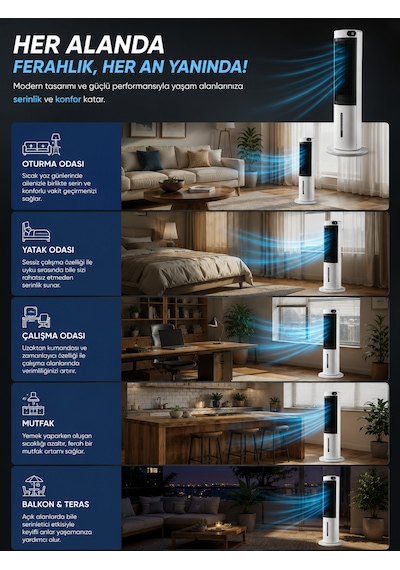 Sessiz Kule Tipi Hava Soğutucu 40 İnç 70w 3l Su Tanklı Led Dokunmatik Ekranlı Vantilatör Fan