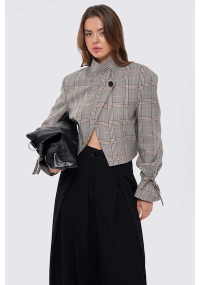 Thalure Kadın Kahverengi Dik Yaka Ekoseli Slim Fit Crop Ceket