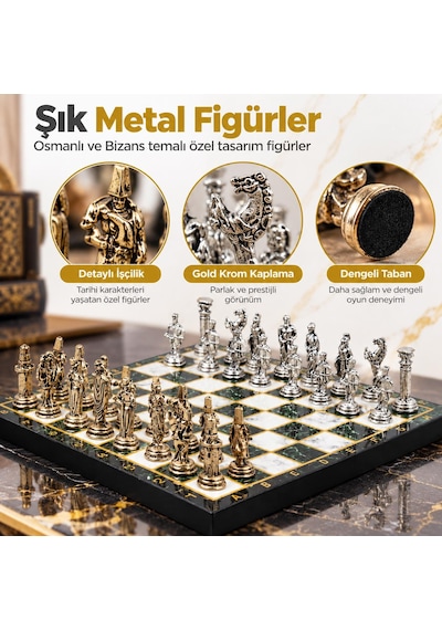 Lüks Metal Satranç Takımı Osmanlı Bizans Figürlü Krom Yeşil Mermer Desenli 20x20 Premium Hediye Seti